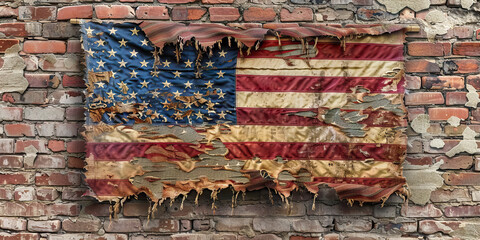 The fraying fabric of unity a tattered American flag.