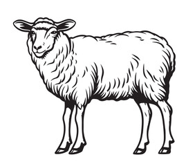 Fototapeta premium Hand drawn standing sheep in sketch style. Wool, lamb symbol. Farm animal vintage vector illustration