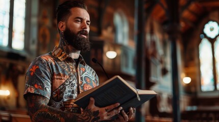 tattooed man in a church with open bible