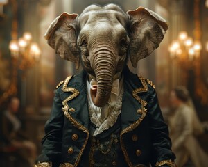 Majestic Elephant in Tuxedo Standing Elegantly in Ballroom