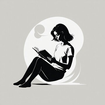 Mujer que lee un libro, absorta en la lectura. concentrada, tonos negros y grises con fondo claro. 