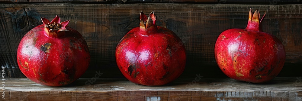 Leinwandbilder Three ripe pomegranates with visible seeds are arranged in a row on a rustic wooden surface.