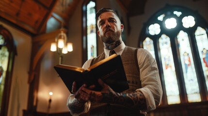 Fototapeta premium tattooed man in a church with open bible