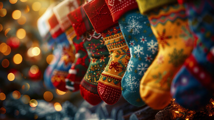 christmas crackers socks decoration in red and green with warm lights on christmas eve and new year eve