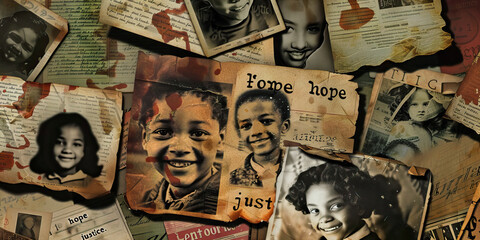 Forgotten Promises: An aged photograph of smiling faces, surrounded by scattered documents with words like "hope" and "justice."