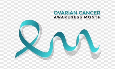 Ovarian Cancer Awareness month is September. Calligraphy Realistic Teal Ribbon. Banner poster, flyer and background design template.