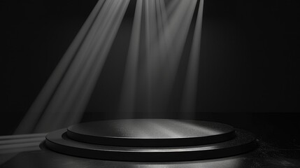 Modern black stage with circular podium in spotlight for showcasing cosmetic items and designs with soft gradient and copy space