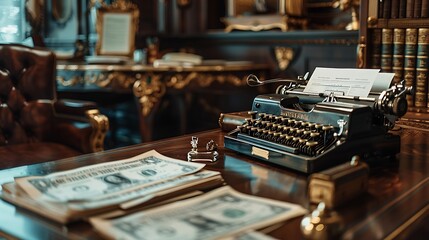 Refined office environment with a luxurious desk antique typewriter vintage financial papers and ornate accounting accessories capturing timeless elegance and sophistication