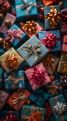 blue background with christmas and new year gift boxes adorned with colorful bows