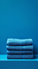 Stack of blue towels on blue background