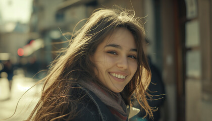 Retrato Cinematográfico de Jovem Mulher de 25 Anos com Cabelos Longos Caminhando na Rua e Sorrindo...