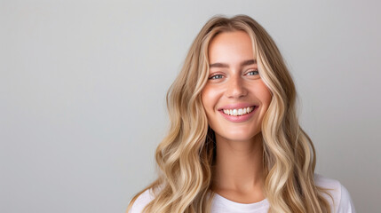 Naklejka premium Woman with radiant smile and wavy blonde hair posing against a clean gray background, beauty, happy