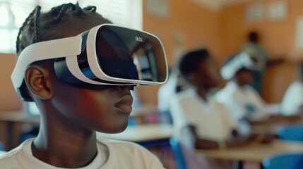 Closeup of a school girl coding a program while an African student interacts with the metaworld using virtual reality glasses, showcasing innovative learning and technology in the classroom