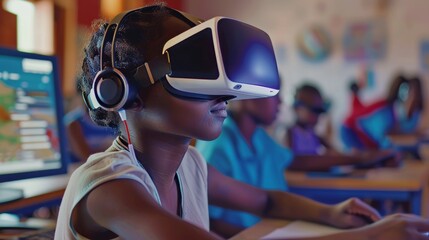 Closeup of a school girl coding a program while an African student interacts with the metaworld using virtual reality glasses, showcasing innovative learning and technology in the classroom