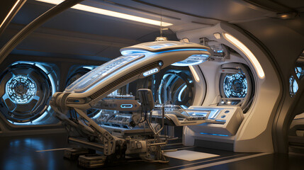 A futuristic medical examination room with a sleek and advanced-looking medical bed with a bright blue light that illuminates the room. 