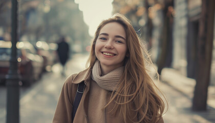 Fototapeta premium Retrato Cinematográfico de Jovem Mulher de 25 Anos com Cabelos Longos Caminhando na Rua e Sorrindo IA