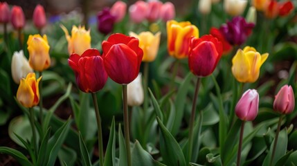 Red tulips with fully bloomed yellow white and purple centers