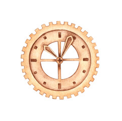 Metal dial in steampunk style made of gears, nuts, watercolor illustrations. Mechanical souvenir in techno style. Ideal for cards, covers, posters, packaging, advertising.