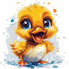 Obraz premium Cute Cartoon Duckling with Big Eyes in Water with Watercolor Background