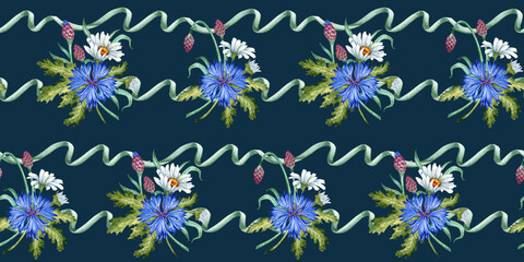 Cornflowers, daisies in a pattern of green ribbon on a dark blue background, watercolor illustration. Wildflower botanical composition element isolated from background. Suitable for cosmetics,