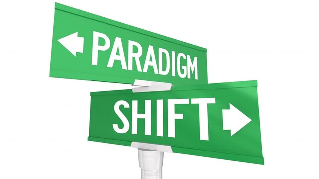 Paradigm Shift Two Green Road Street Signs New Change Direction 3d Animation