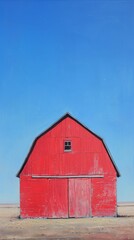 Red barn with clear blue sky on a sunny day, rural landscape art