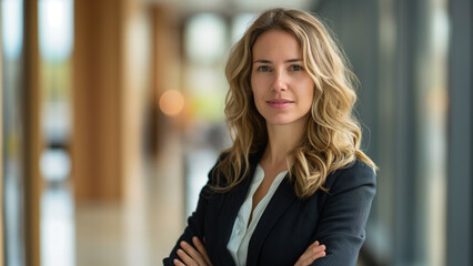 Businesswoman with her arms crossed looking at the camera. Portrait of a confident businesswoman working in a modern office. Cropped portrait of an attractive young businesswoman standing in her offic