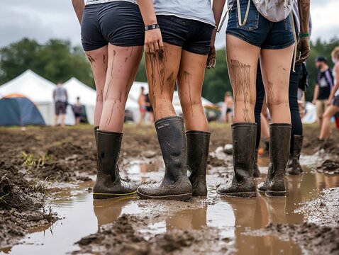 People are standing in the mud at an outdoor music festival. They are wearing black shorts and white t-shirts with long socks made of thick grey spandex that cover their legs from knee to ankle