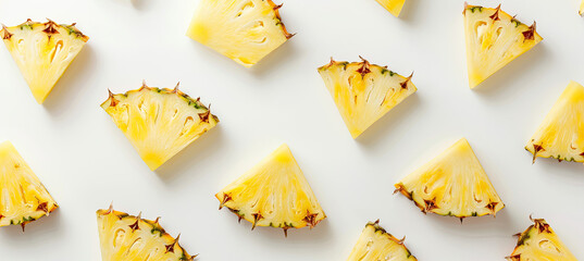 Naklejka premium Top View Pineapple Wedges Isolated on White Background, Fresh Pineapple Slices, Tropical Fruit, Pineapple Cuts, Healthy Snack