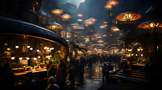 A bustling marketplace filled with people under a canopy of glowing, mushroom-like structures. The scene is lit by warm, inviting lights, and there are many stalls and vendors selling goods. - Powered by Adobe