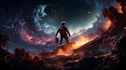 A lone figure stands on a rocky, fiery landscape, facing a swirling vortex of blue energy. The scene is filled with an otherworldly atmosphere, suggesting a surreal and powerful environment.
