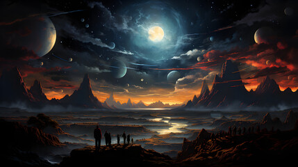 Fototapeta premium A group of figures stand on a cliff overlooking a vast, mountainous landscape. The sky is filled with stars and a large moon, and several planets are visible in the distance.