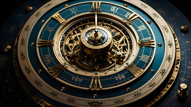 A close-up of a vintage, ornate clock face with intricate gold gears and a dark blue background. The clock hands are pointing to 12:00. 