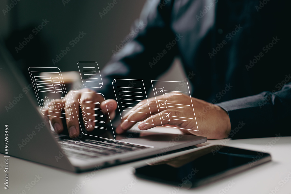 Poster Typing on a laptop with digital documents and checklists floating above. It symbolizes the use of digital tools for task management, organization, and efficient workflow in a modern work environment.