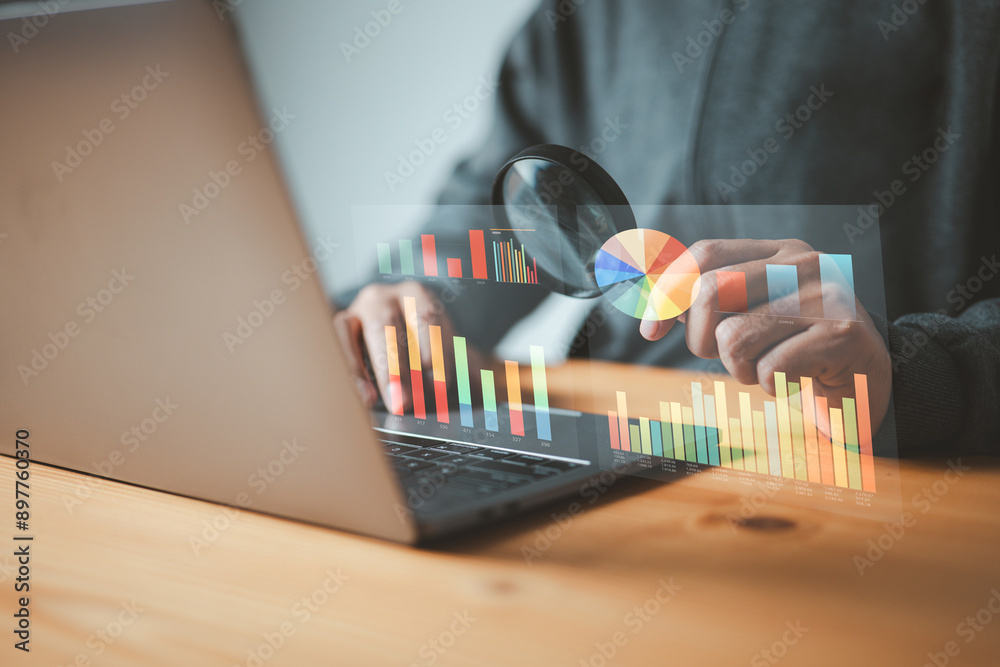 Fototapete examining data visualizations like bar graphs and pie charts. It symbolizes data analysis, research, and the importance of visualizing data for insights and decision-making.