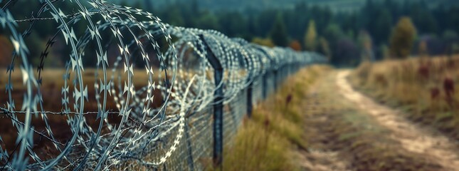 Close-up of barbed wire fence around military base, which is located in the grassland near forest and treeless hills