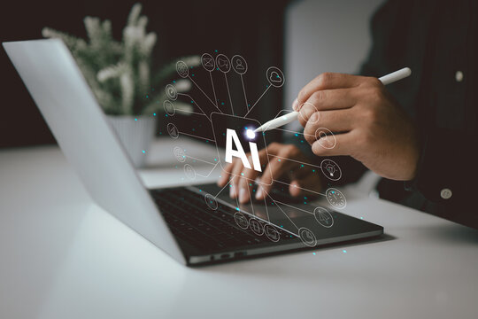 A person uses a stylus on a laptop, with an AI symbol connected to various icons like people, data, and networks. It illustrates AI's integration into daily tasks and professional activities.