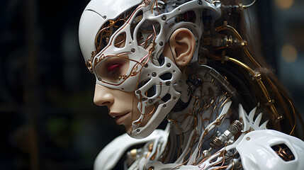 A close up of an intricately designed robotic female with exposed wiring and metallic components.