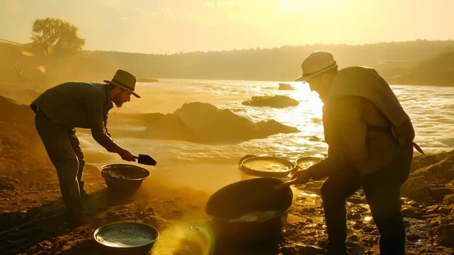 Low-angle wide shot: Silhouetted figures pan for gold in shimmering river. Panning left to right reveals hardworking prospectors. 