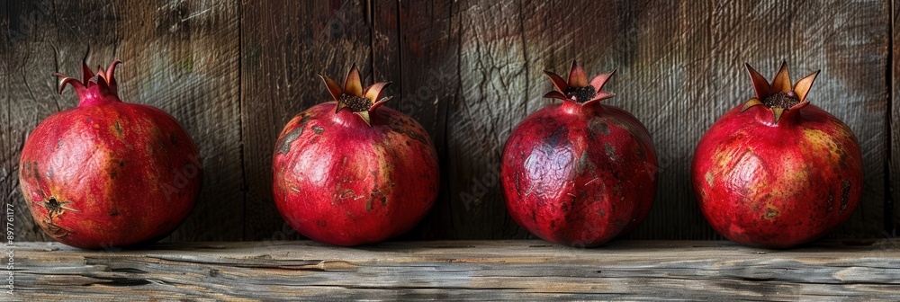 Fototapete four ripe pomegranates with visible seeds are arranged in a row on a rustic wooden surface.