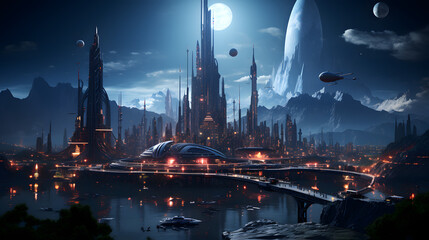 Obraz premium A futuristic city skyline with towering skyscrapers and a glowing moon, set against a backdrop of rocky mountains and a distant planet.