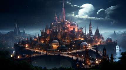 Fototapeta premium A stunning fantasy cityscape with a majestic castle bathed in the soft glow of moonbeams and streetlights, nestled among towering mountains and a flowing river.