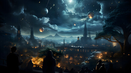 Fototapeta premium A group of people stand on a cliff overlooking a city, bathed in the warm glow of the setting sun and the reflected light of several moons. A towering, gothic spire dominates the city's skyline. 