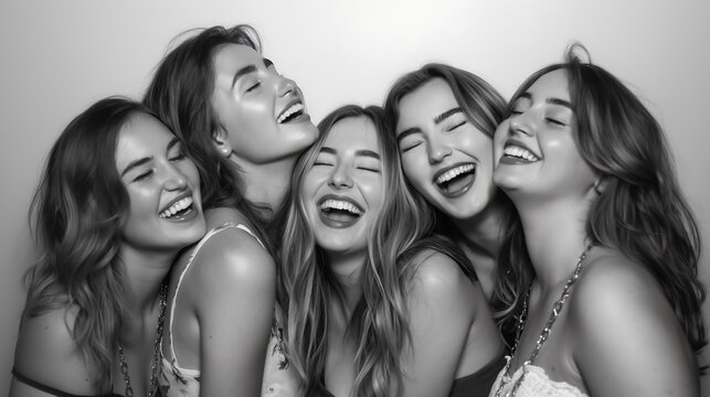 four young girls in their 20s, college sorority sisters, having fun taking photo, group photo, laughing, posing, standing in front of a pure white backdrop, black and white photo