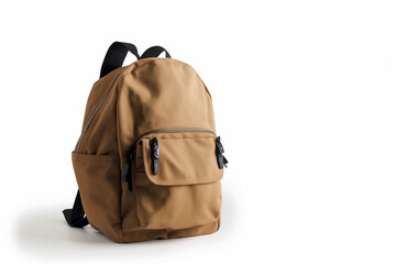 Naklejka premium School backpack with multiple pockets, khaki color, isolated on white background, back to school concept