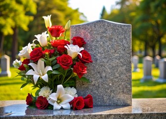 White lilies and red roses surround a serene granite headstone in a peaceful cemetery, symbolizing love, respect, and remembrance for those who have passed away.