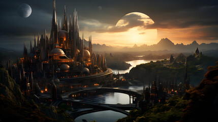 Obraz premium An ancient, futuristic city sprawls across a landscape of mountains and rivers, bathed in the light of a setting sun and a crescent moon.