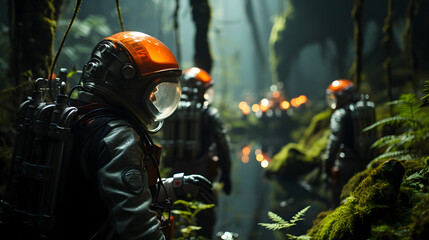A group of astronauts in futuristic space suits walk through a mysterious and mossy jungle. The helmets are illuminated with a bright orange glow, casting an ethereal light.