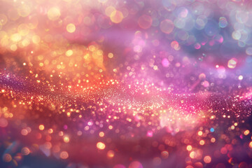 Glittering gradient background with hologram effect and magic lights. Holographic abstract fantasy backdrop with fairy sparkles, gold stars and festive blurs. .