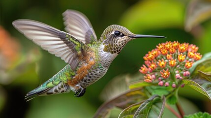 Fototapeta premium Close-up of a hummingbird hovering near a flower